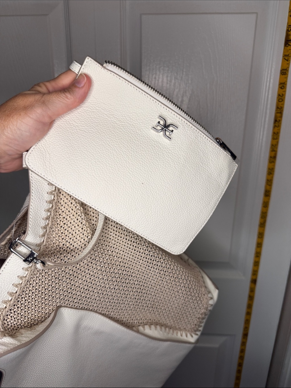 Sam Edelman White Leather & Beige Woven Shoulder Bag - Picture 6 of 8